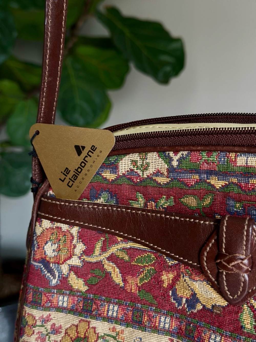 Vintage Liz Claiborne Red Gold Brown Multi Floral Tapestry Crossbody Bag Purse